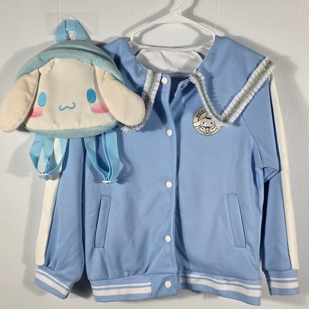 Kids Blue Sanrio Cinnamoroll Bomber Jacket Sailor Collar Lond Sleeves an a Bag M